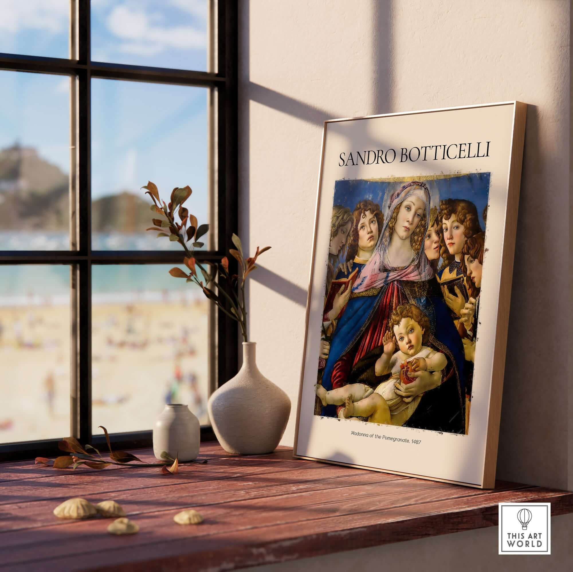 Botticelli Madonna of the Pomegranate Art Print Religious Virgin Mary Child Poster Angels displayed in a stylish interior.
