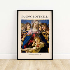Botticelli Madonna of the Pomegranate Art Print Religious Virgin Mary Child Poster Angels in a framed artwork.