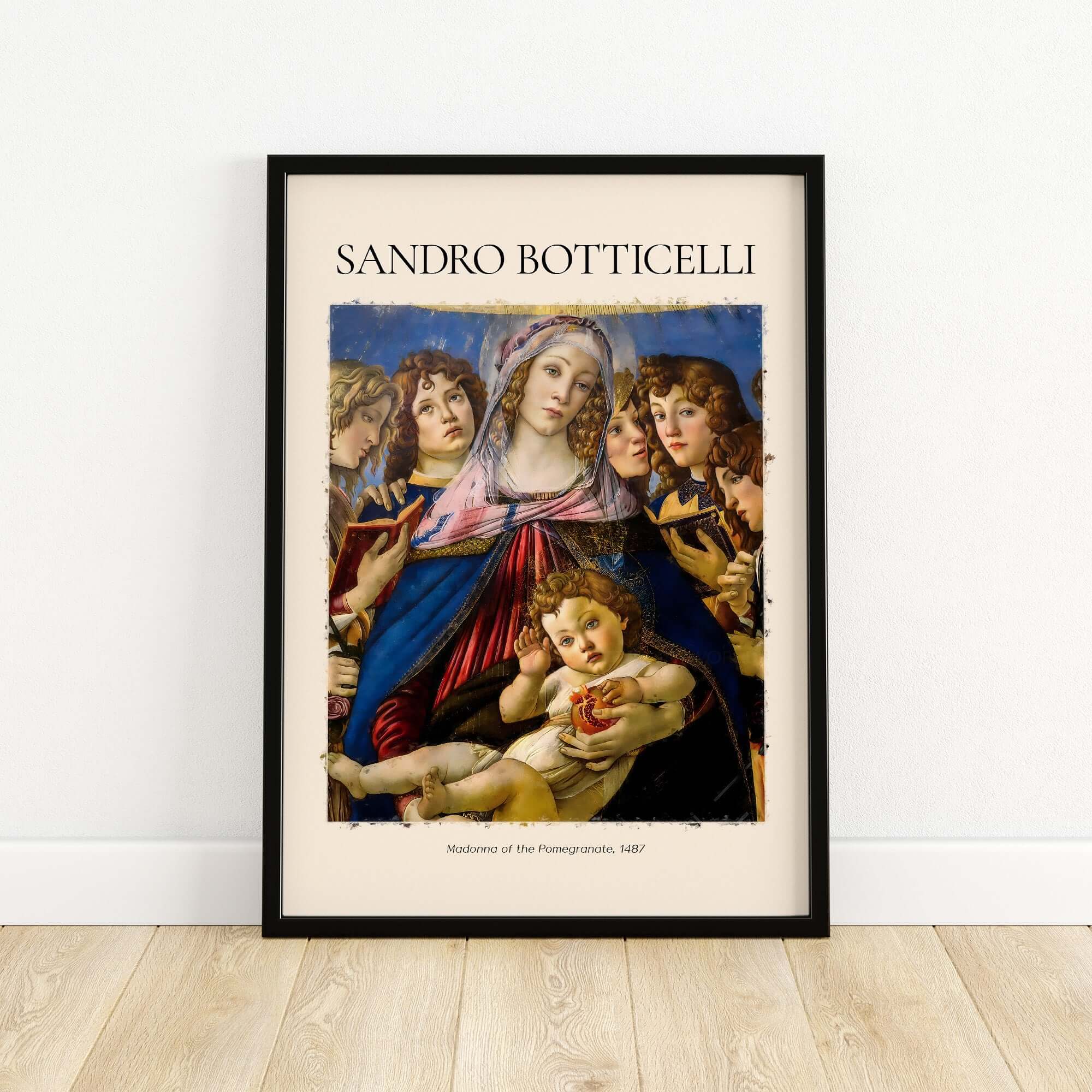 Botticelli Madonna of the Pomegranate Art Print Religious Virgin Mary Child Poster Angels in a framed artwork.