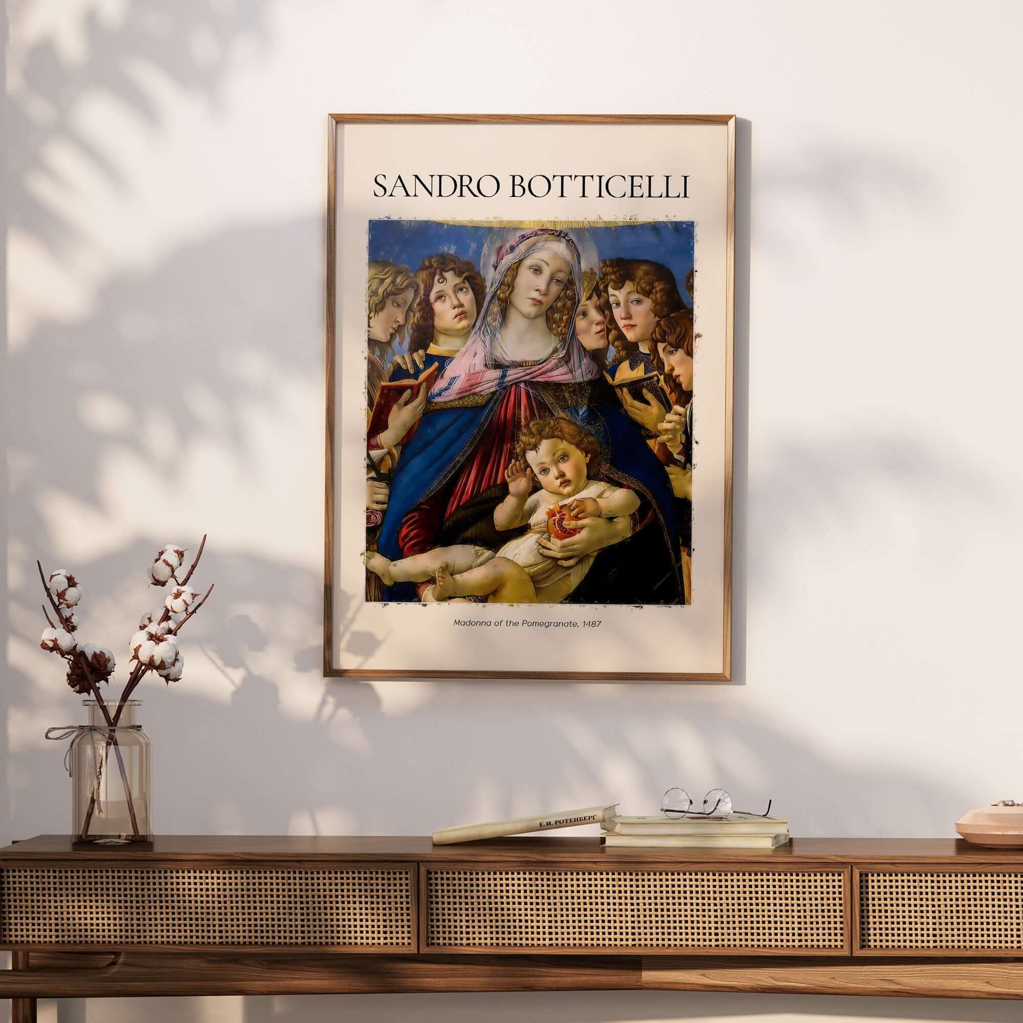 Botticelli Madonna of the Pomegranate Art Print Religious Virgin Mary Child Poster Angels in a stylish frame on the wall.