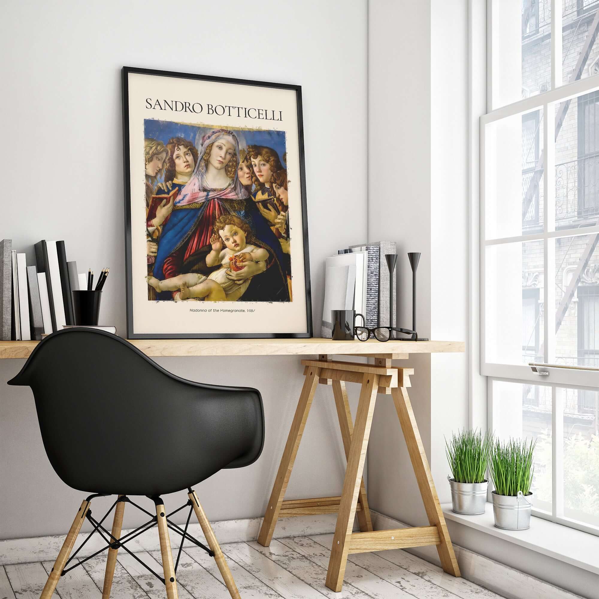 Botticelli Madonna of the Pomegranate Art Print Religious Virgin Mary Child Poster Angels displayed in a modern interior.