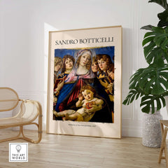 Botticelli Madonna of the Pomegranate Art Print Religious Virgin Mary Child Poster Angels framed in modern decor.