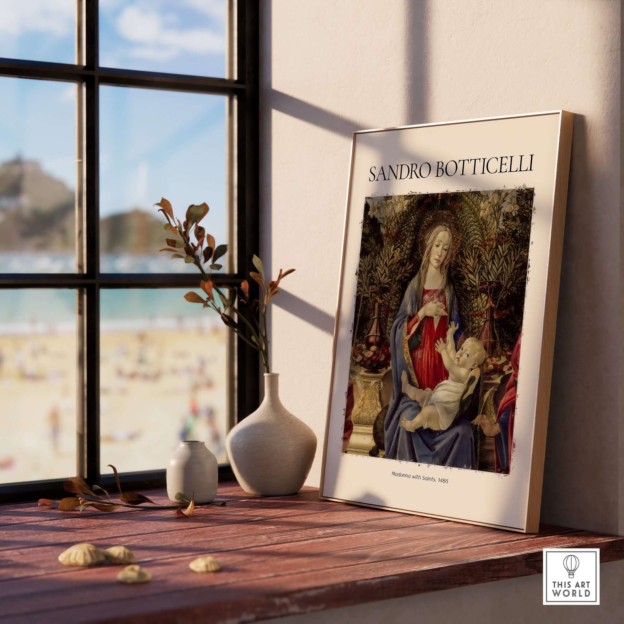 Botticelli Madonna with Saints Bardi Altarpiece Art Print Renaissance Religious Poster displayed on a window sill.
