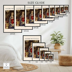 Size guide for Botticelli Madonna with Saints Bardi Altarpiece Art Print Renaissance Religious Poster in various dimensions.