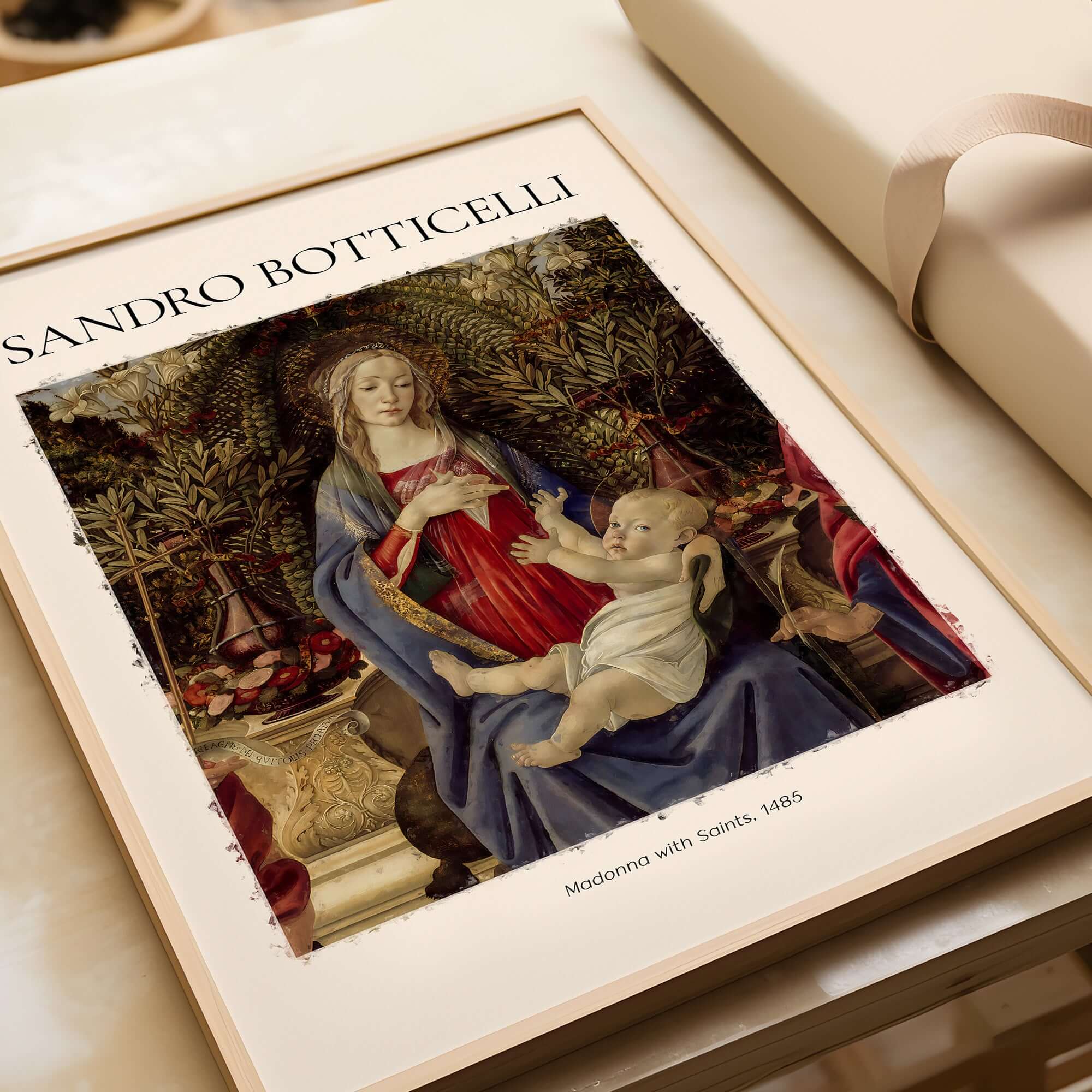 Botticelli Madonna with Saints Bardi Altarpiece Art Print Renaissance Religious Poster displayed in a stylish frame.