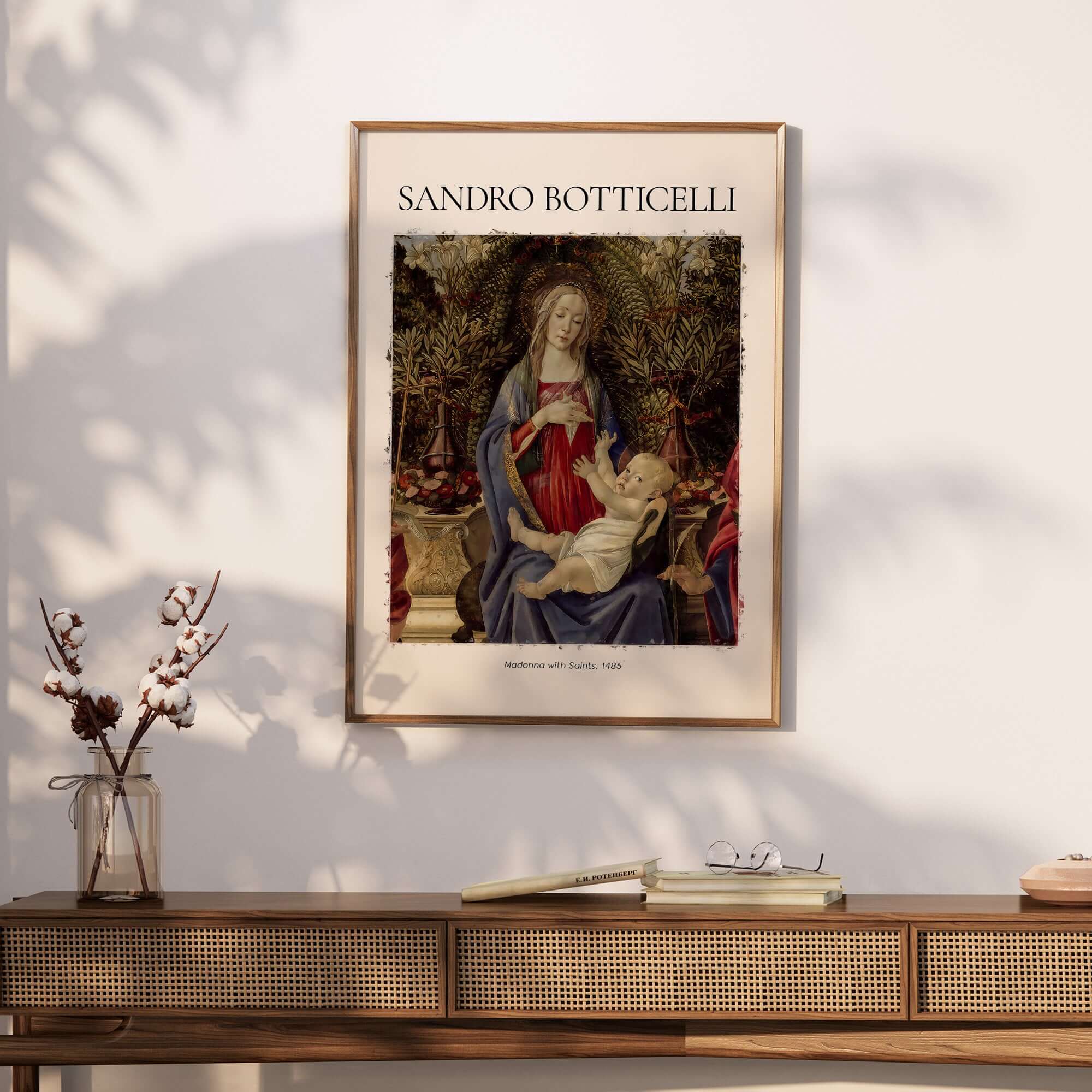 Botticelli Madonna with Saints Bardi Altarpiece Art Print Renaissance Religious Poster framed on a wall with decor.