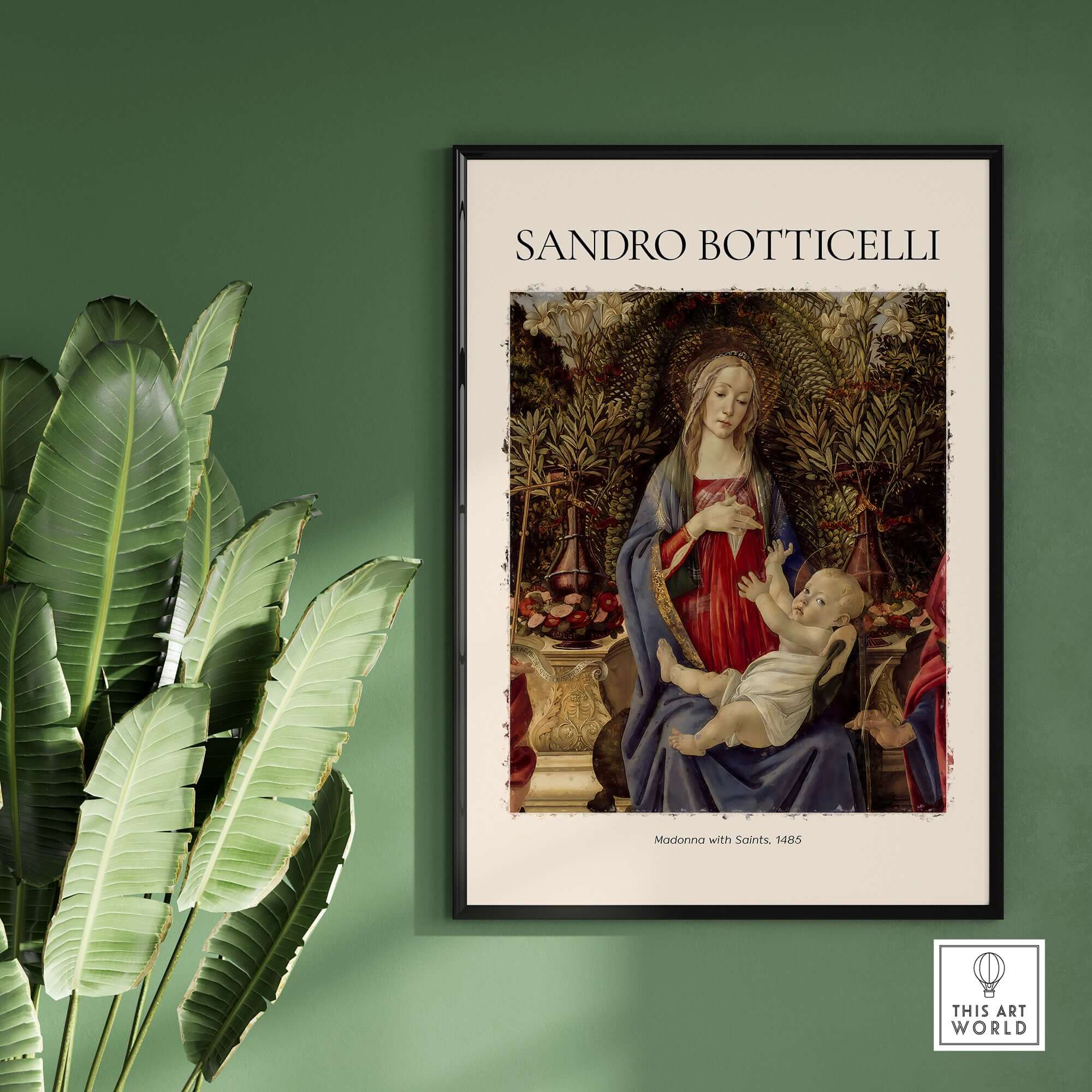 Botticelli Madonna with Saints Bardi Altarpiece Art Print Renaissance Religious Poster framed on wall with greenery.