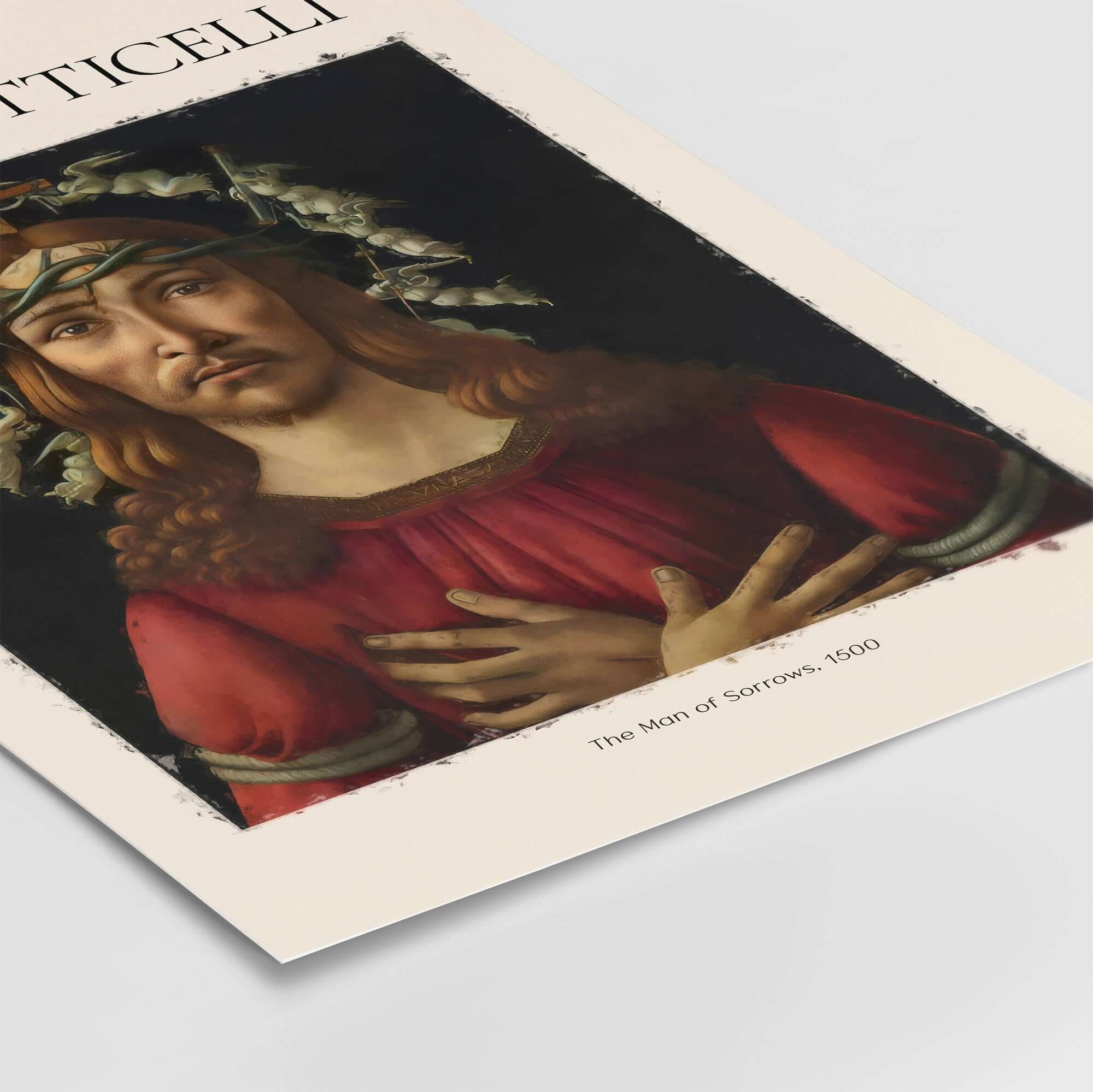 Botticelli Man of Sorrows Christ Art Print Religious Renaissance Painting Poster featuring Jesus crowned with thorns.