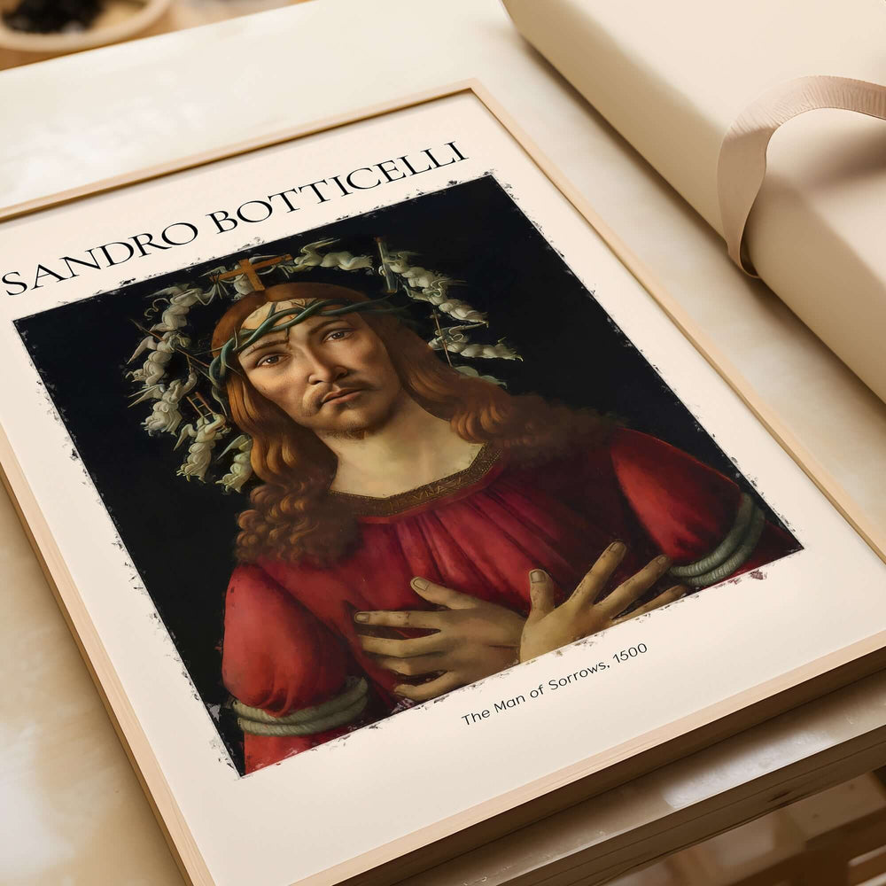 Botticelli Man of Sorrows Christ Art Print Religious Renaissance Painting Poster displayed in a frame.
