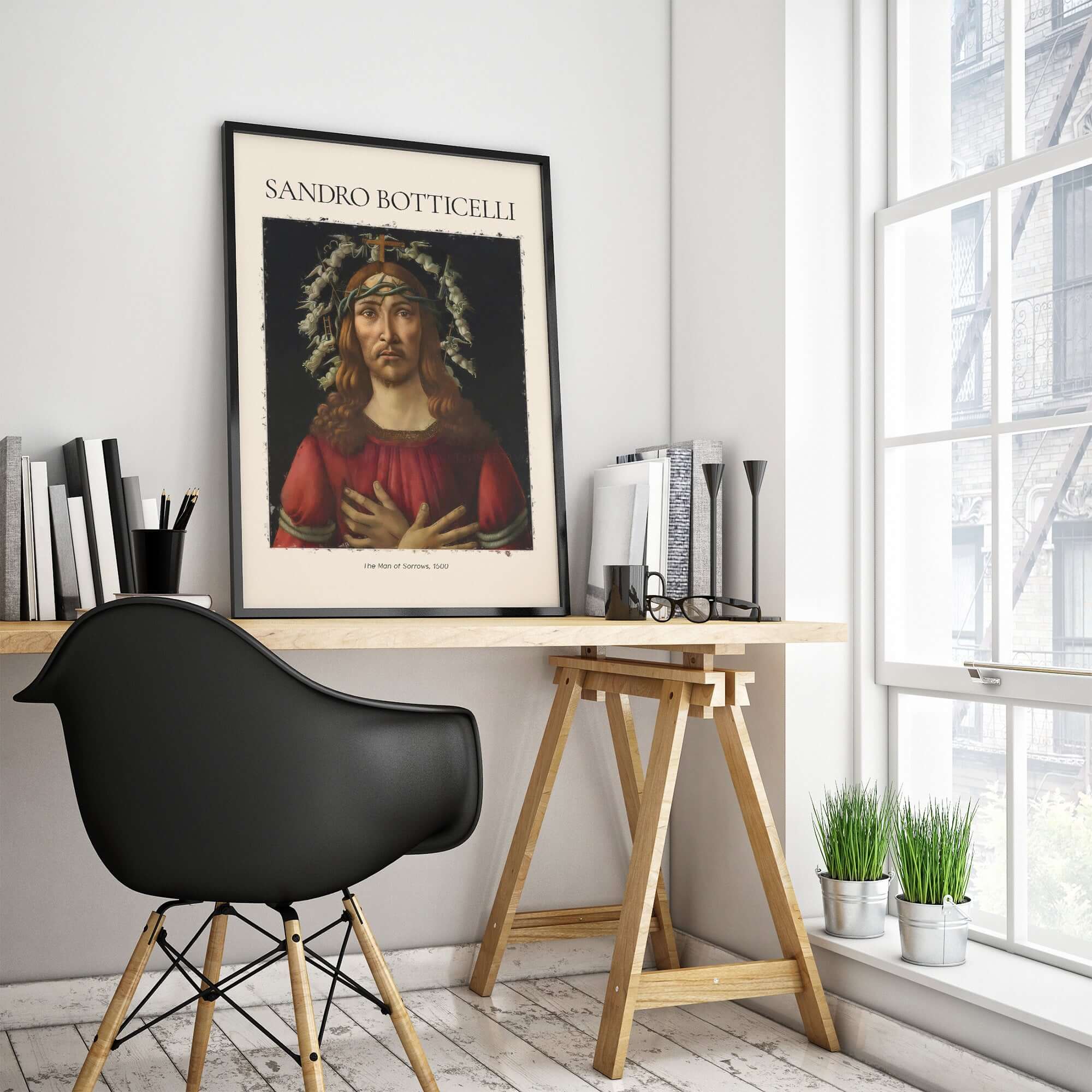 Botticelli Man of Sorrows Christ Art Print Religious Renaissance Painting Poster displayed in a modern workspace.
