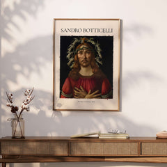 Botticelli Man of Sorrows Christ Art Print Religious Renaissance Painting Poster framed on a wall.
