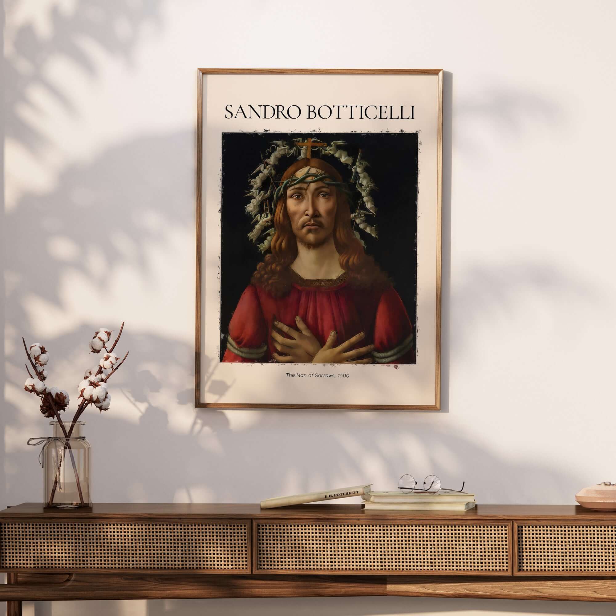 Botticelli Man of Sorrows Christ Art Print Religious Renaissance Painting Poster framed on a wall.