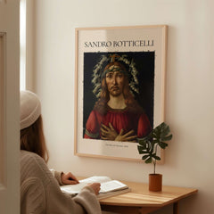 Botticelli Man of Sorrows Christ Art Print Religious Renaissance Painting Poster displayed in a modern room setting.
