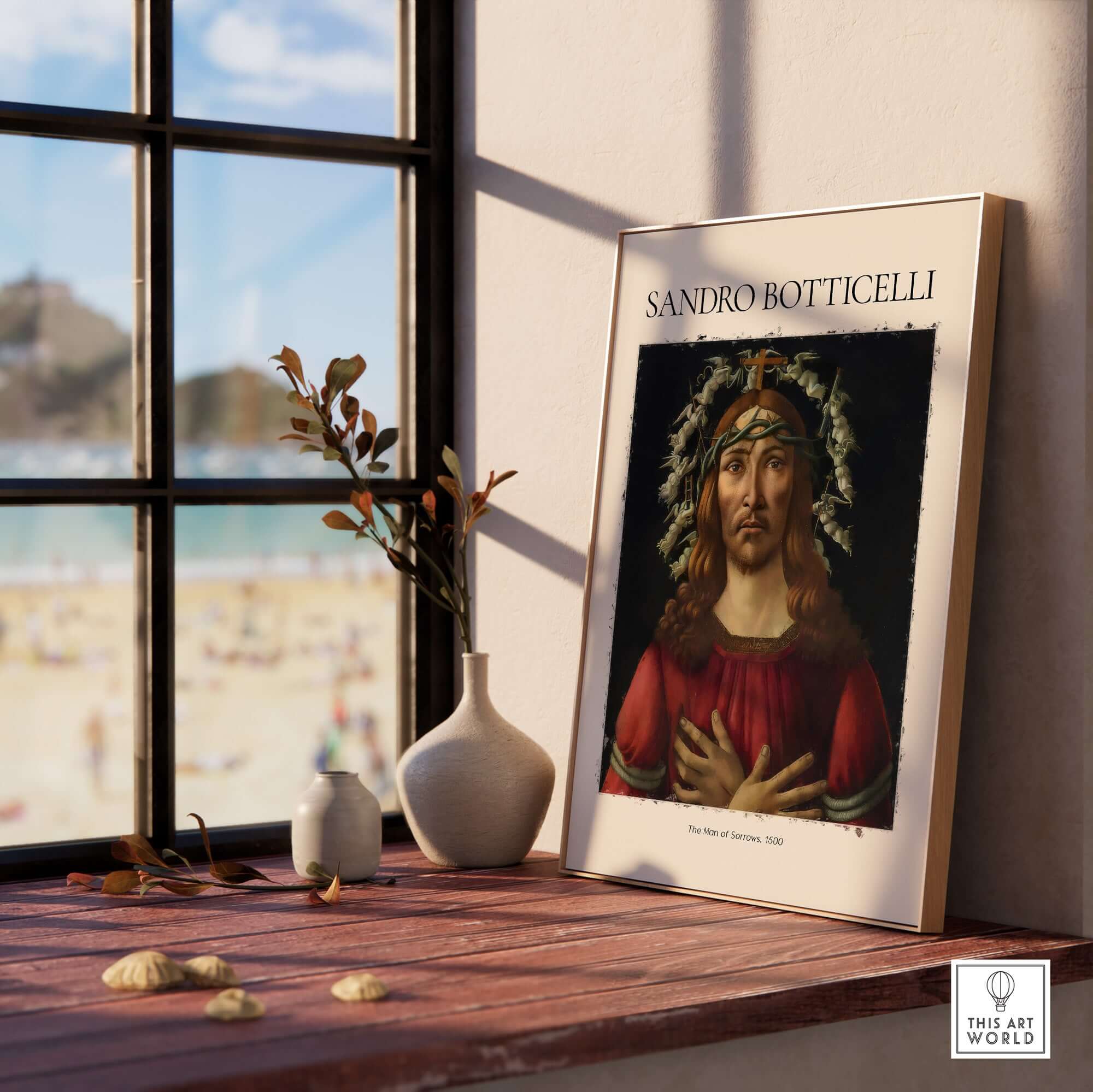 Botticelli Man of Sorrows Christ Art Print Religious Renaissance Painting Poster displayed by a window