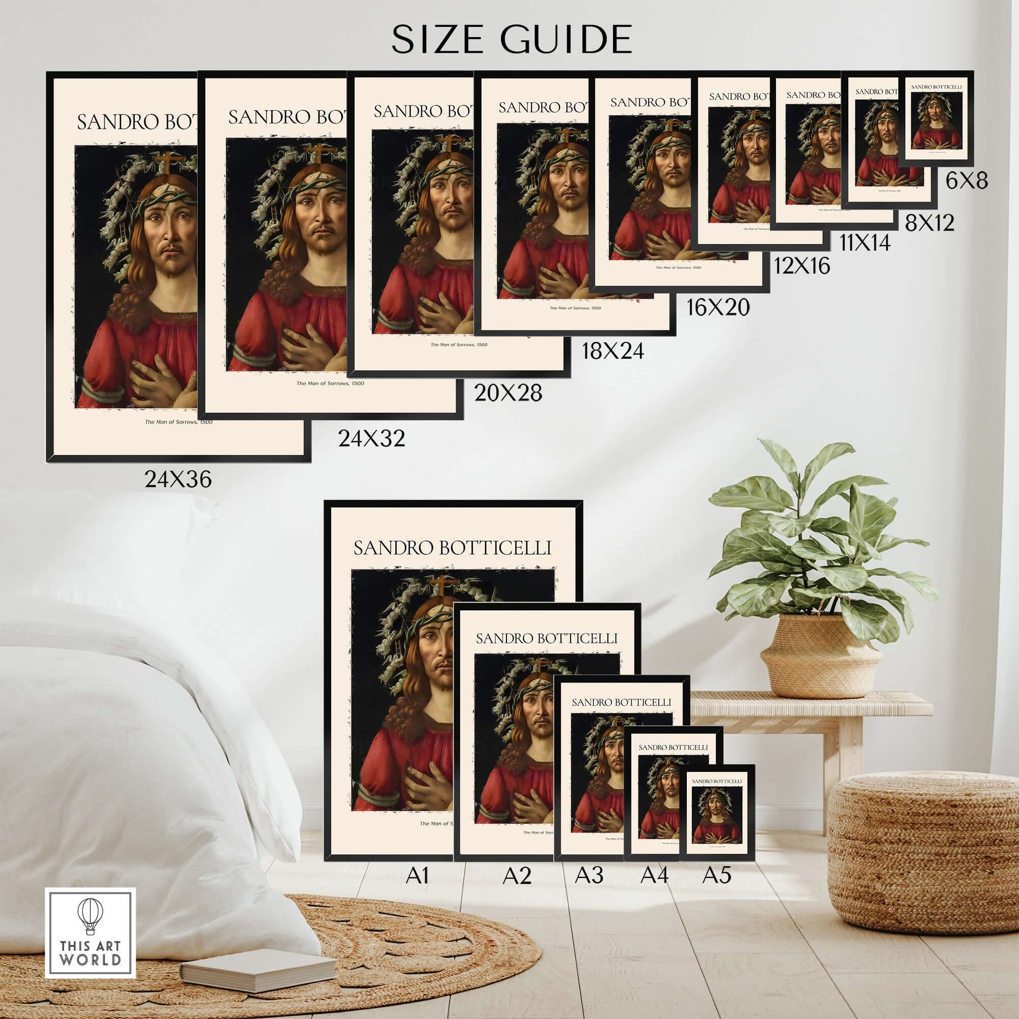 Botticelli Man of Sorrows Christ Art Print Religious Renaissance Painting Poster size guide with various frame options.