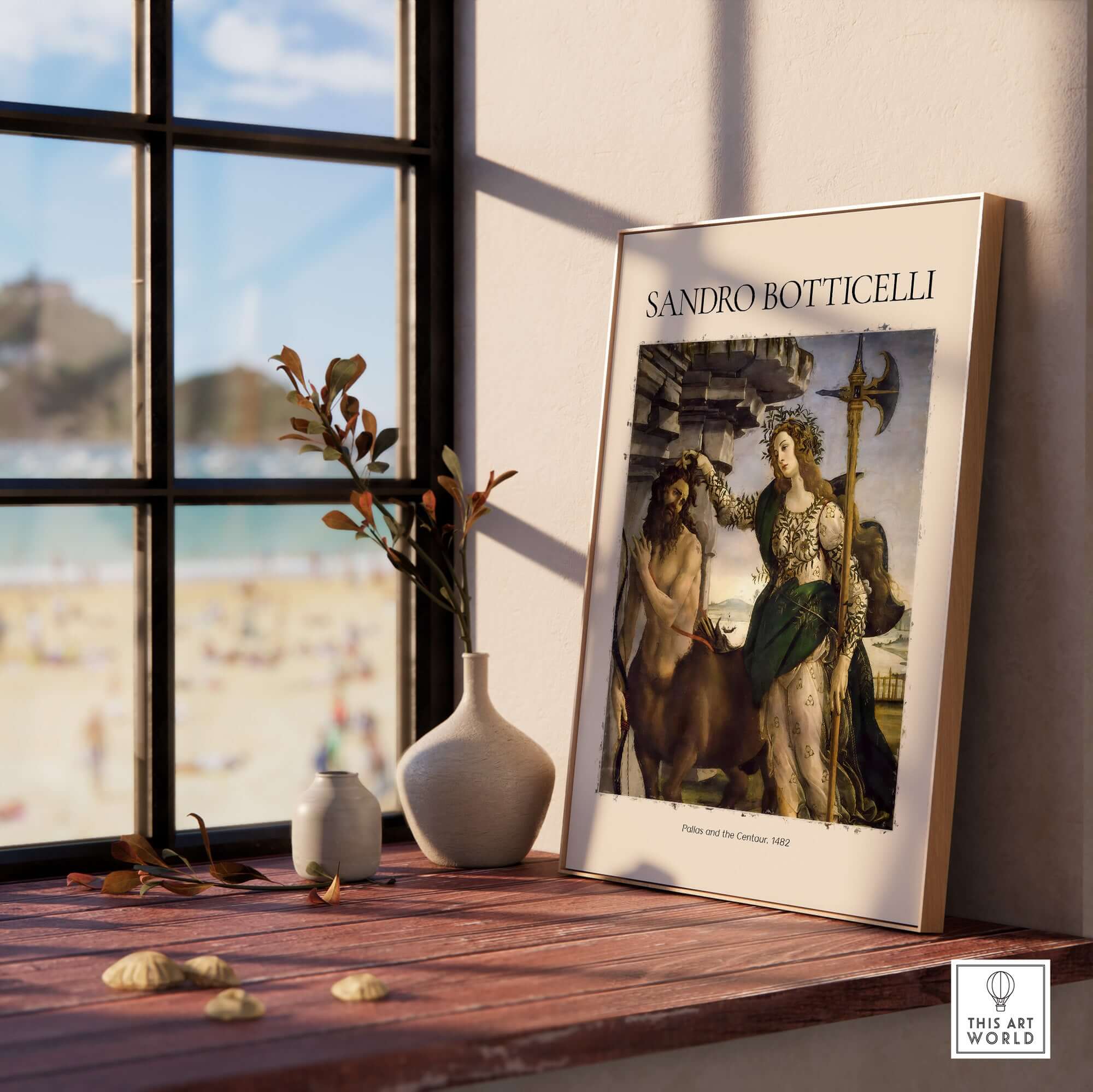 Botticelli Pallas and the Centaur Minerva Art Print Mythology Allegory Poster displayed in a sunny room.