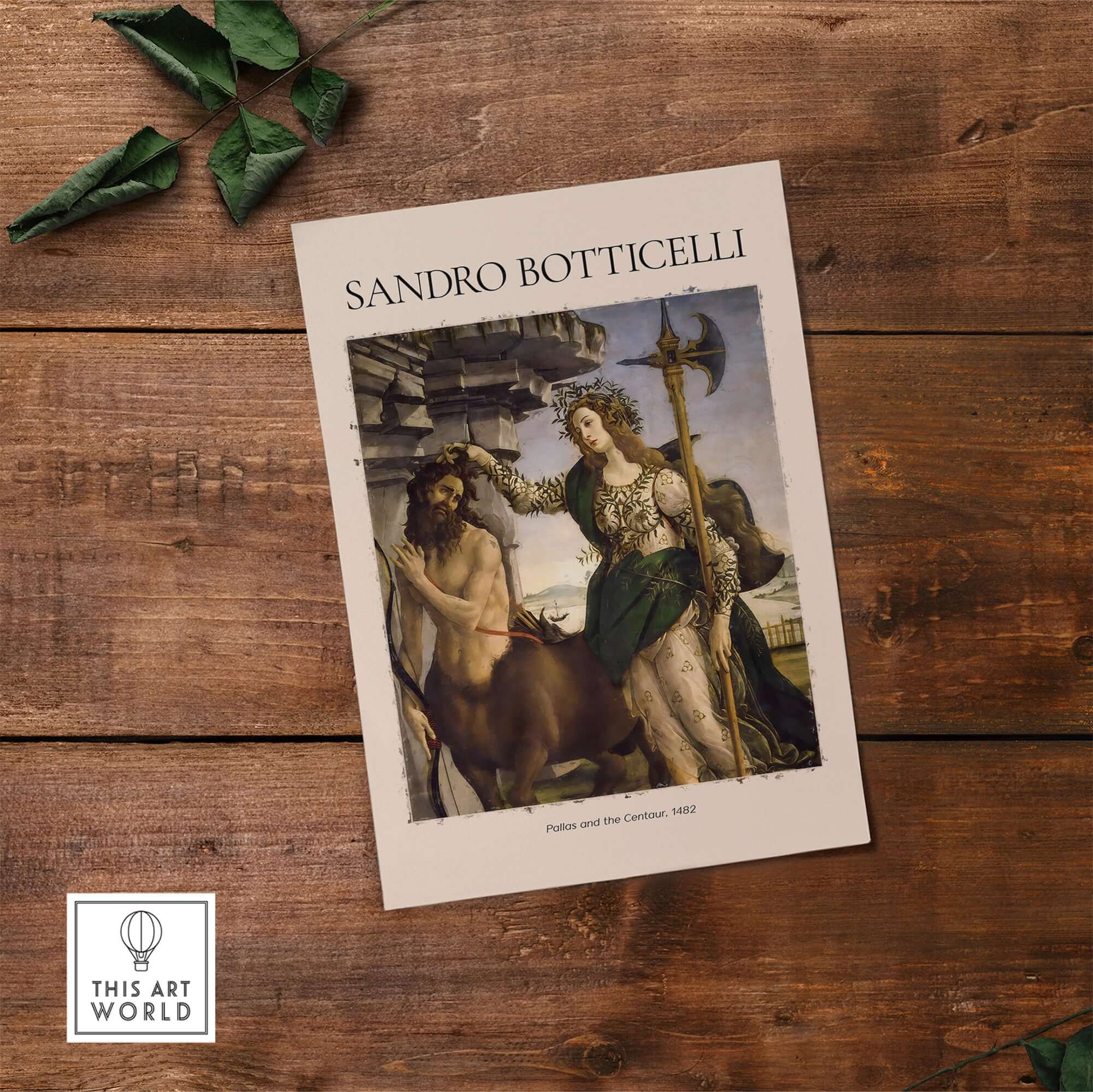 Botticelli Pallas and the Centaur Minerva Art Print Mythology Allegory Poster displayed on wooden surface.