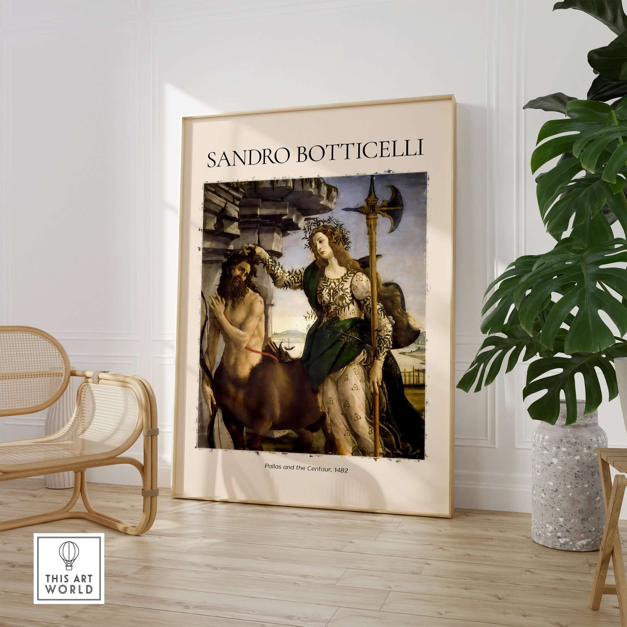 Botticelli Pallas and the Centaur Minerva Art Print Mythology Allegory Poster displayed in modern interior decor.