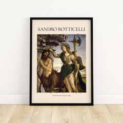 Botticelli Pallas and the Centaur Minerva Art Print Mythology Allegory Poster framed artwork in a modern setting.
