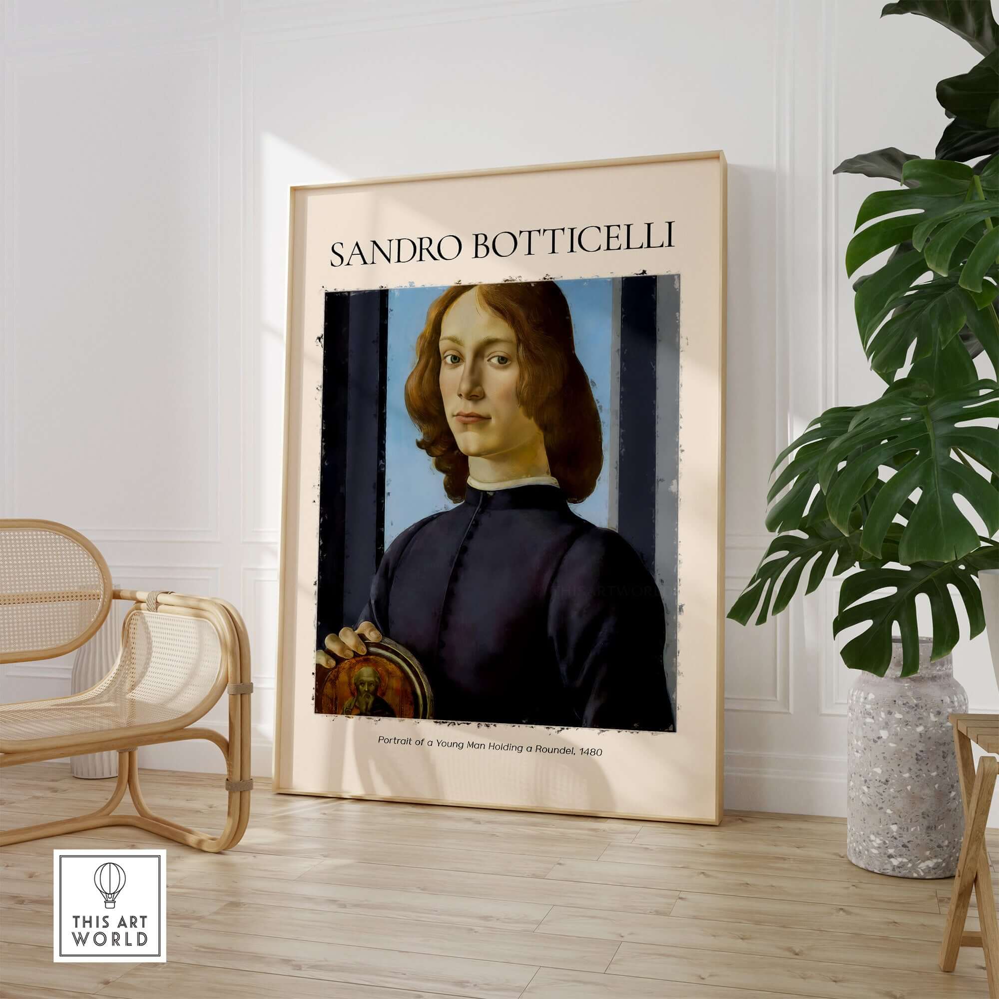 Botticelli Portrait of a Young Man Roundel 1480 Art Print Renaissance Florentine Poster displayed in a stylish interior.