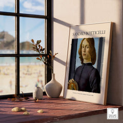 Botticelli Portrait of a Young Man Roundel 1480 Art Print Renaissance Florentine Poster displayed in a sunlit room.