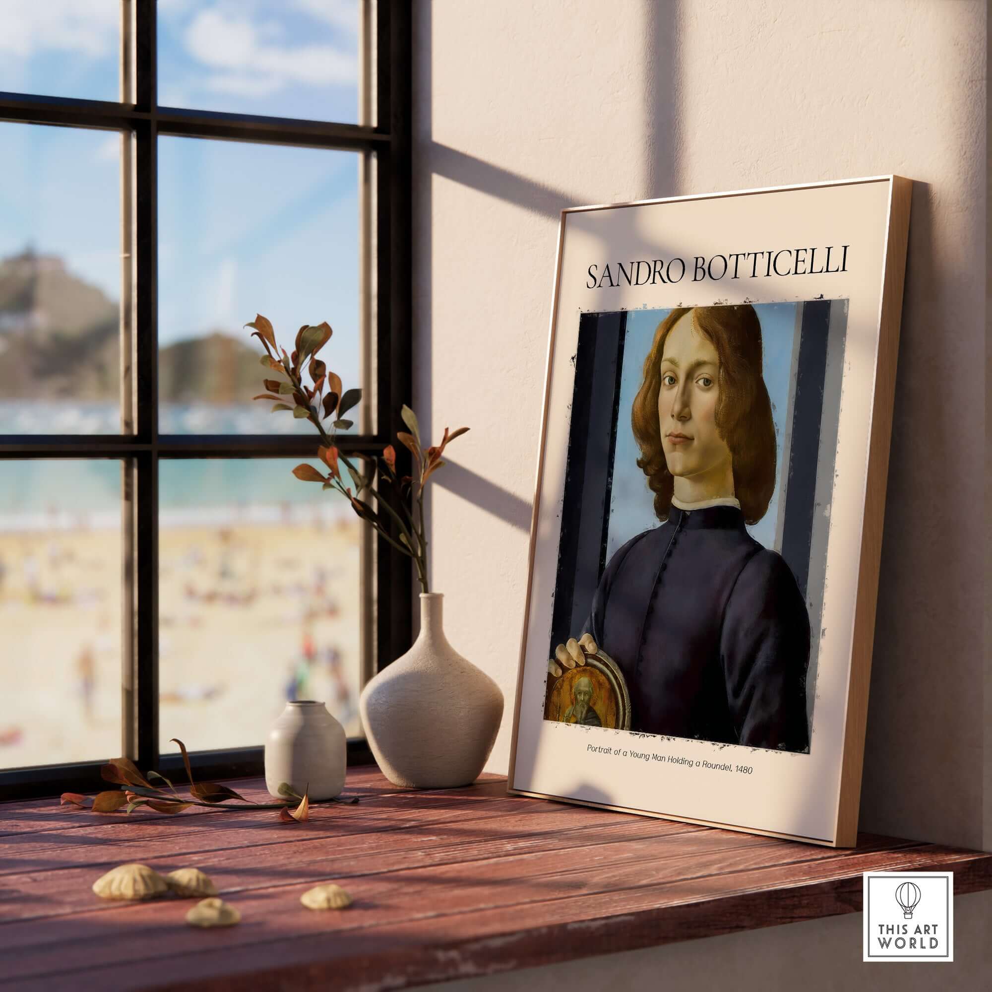 Botticelli Portrait of a Young Man Roundel 1480 Art Print Renaissance Florentine Poster displayed in a sunlit room.