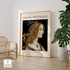 Botticelli Portrait of a Young Woman Simonetta Vespucci Art Print Renaissance Poster displayed in a stylish interior.