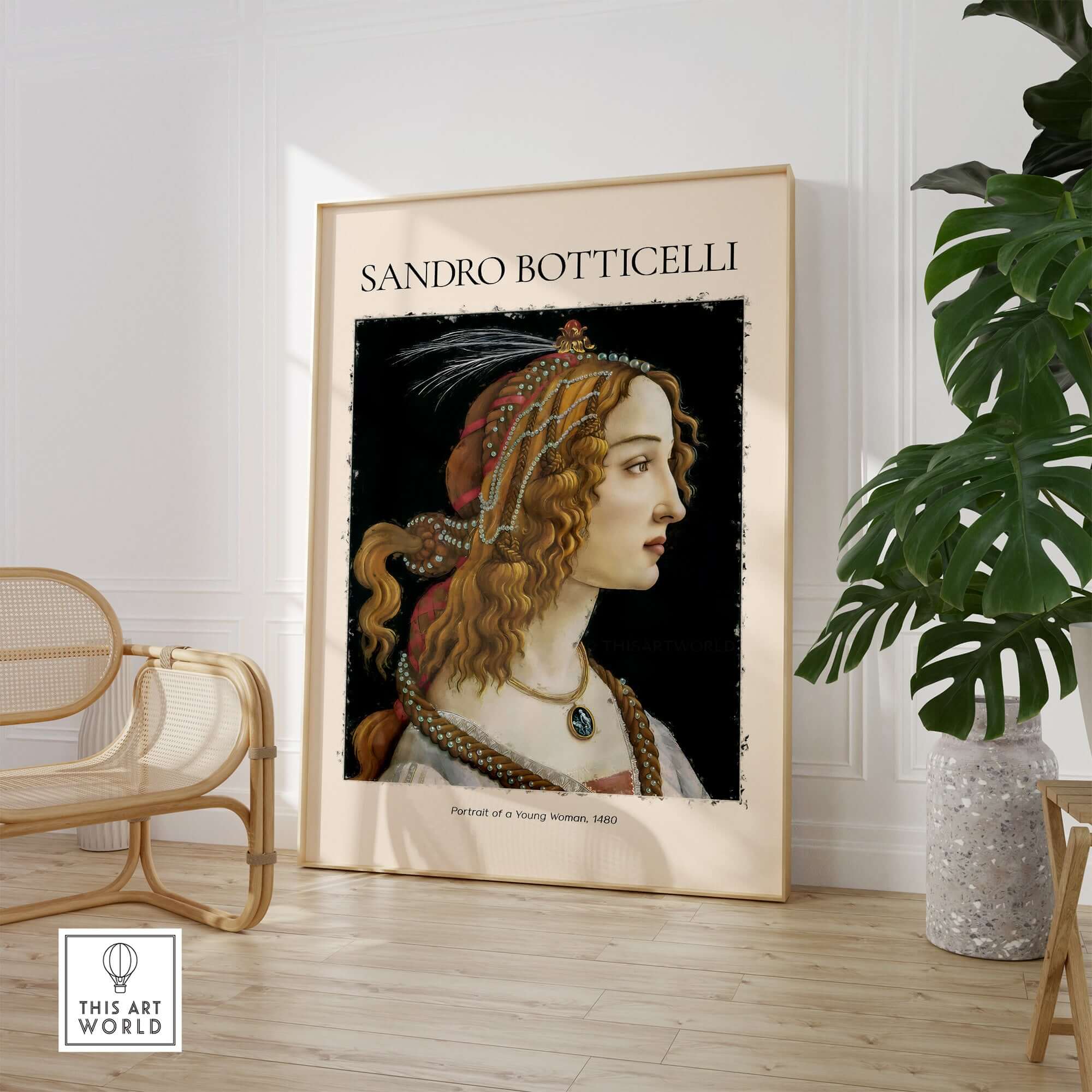 Botticelli Portrait of a Young Woman Simonetta Vespucci Art Print Renaissance Poster displayed in a stylish interior.