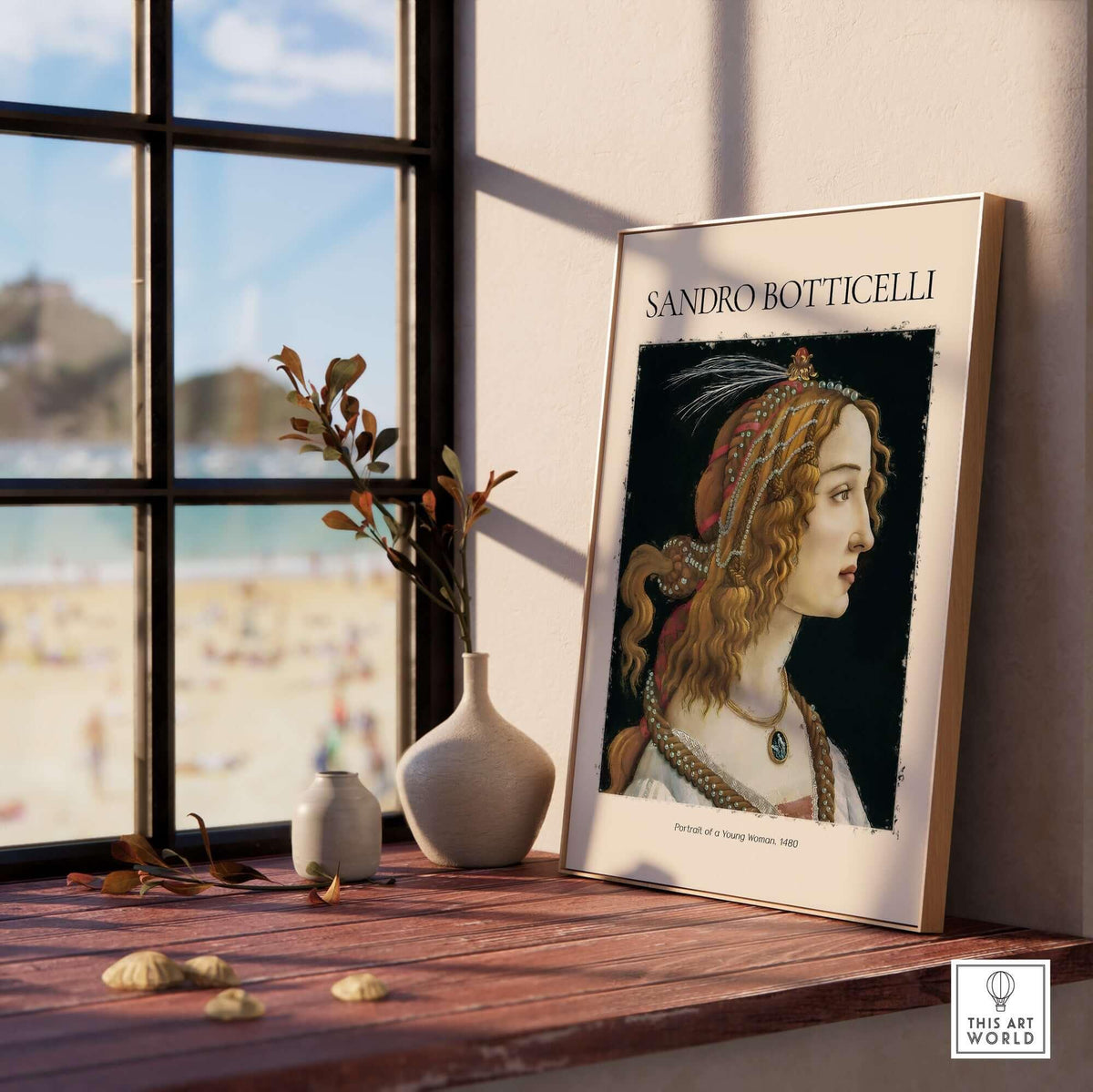 Botticelli Portrait of a Young Woman Simonetta Vespucci Art Print Renaissance Poster displayed in a stylish indoor setting.