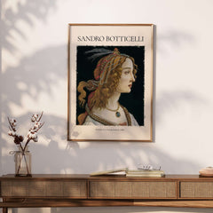 Botticelli Portrait of a Young Woman Simonetta Vespucci Art Print Renaissance Poster on a wall.