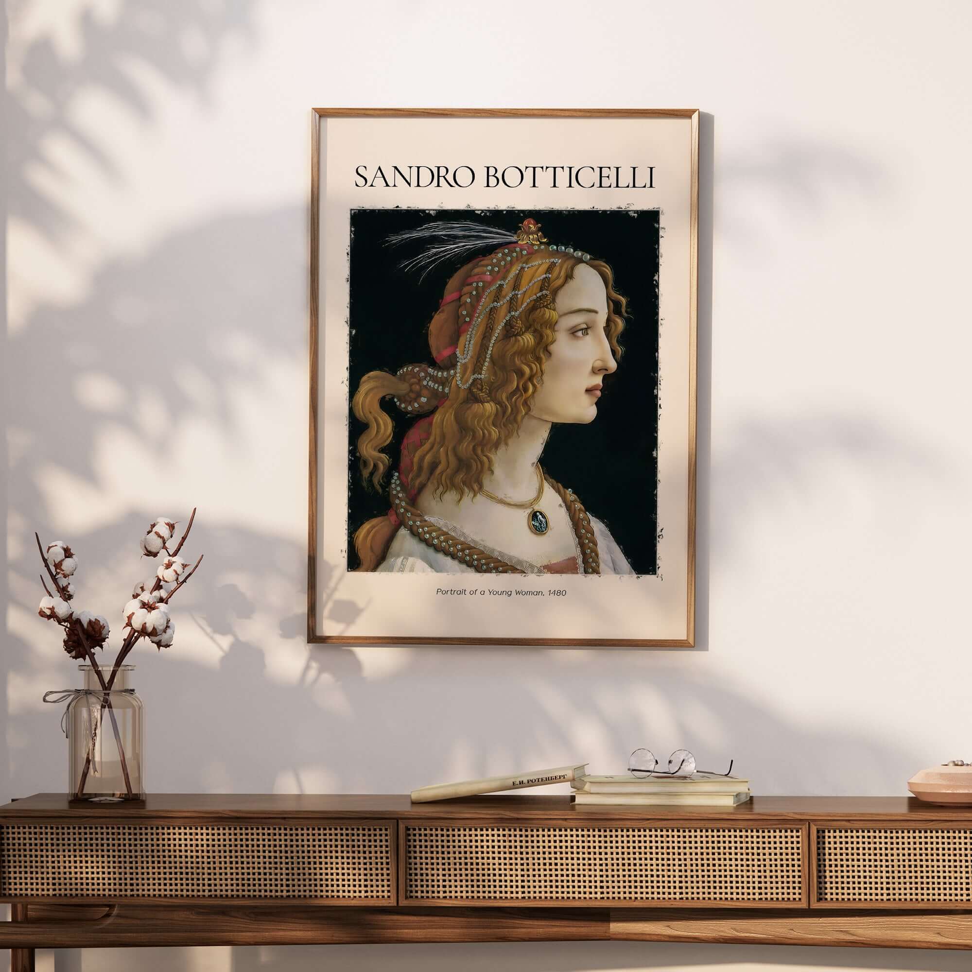 Botticelli Portrait of a Young Woman Simonetta Vespucci Art Print Renaissance Poster on a wall.