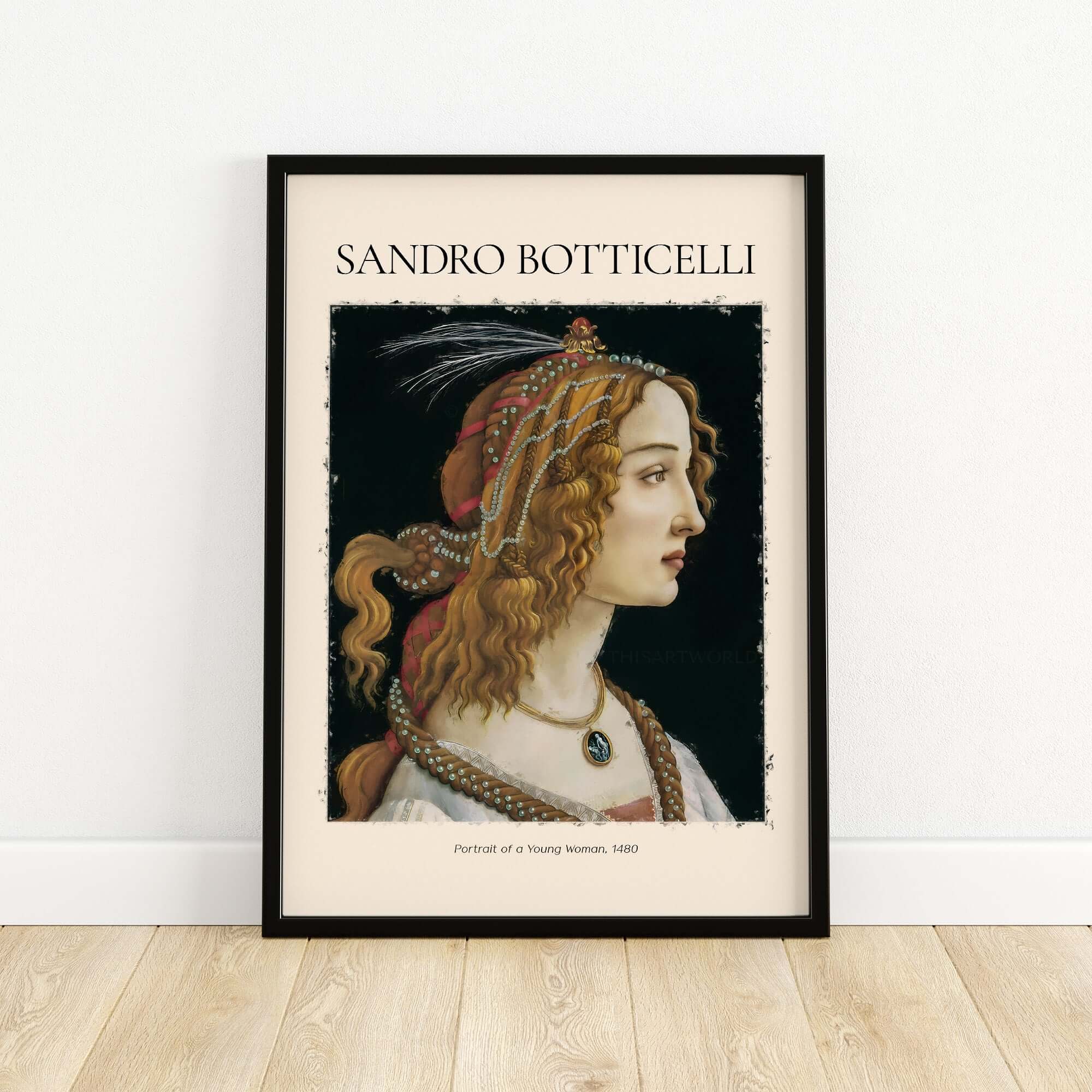 Botticelli Portrait of a Young Woman Simonetta Vespucci Art Print Renaissance Poster in a framed display.