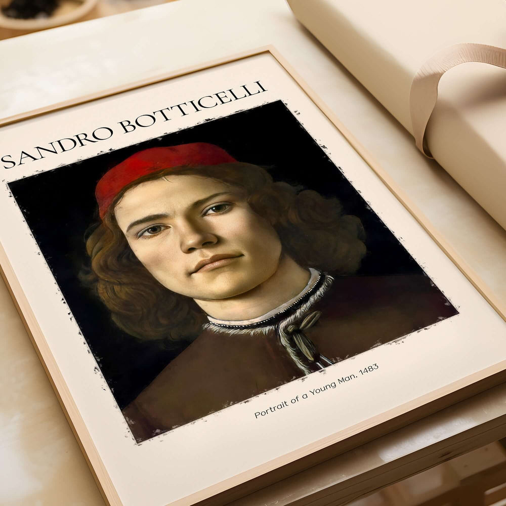 Botticelli Portrait Young Man Red Hat 1483 Art Print Renaissance Florentine Poster displayed on a table.