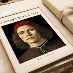 Botticelli Portrait Young Man Red Hat 1483 Art Print Renaissance Florentine Poster displayed on a table.