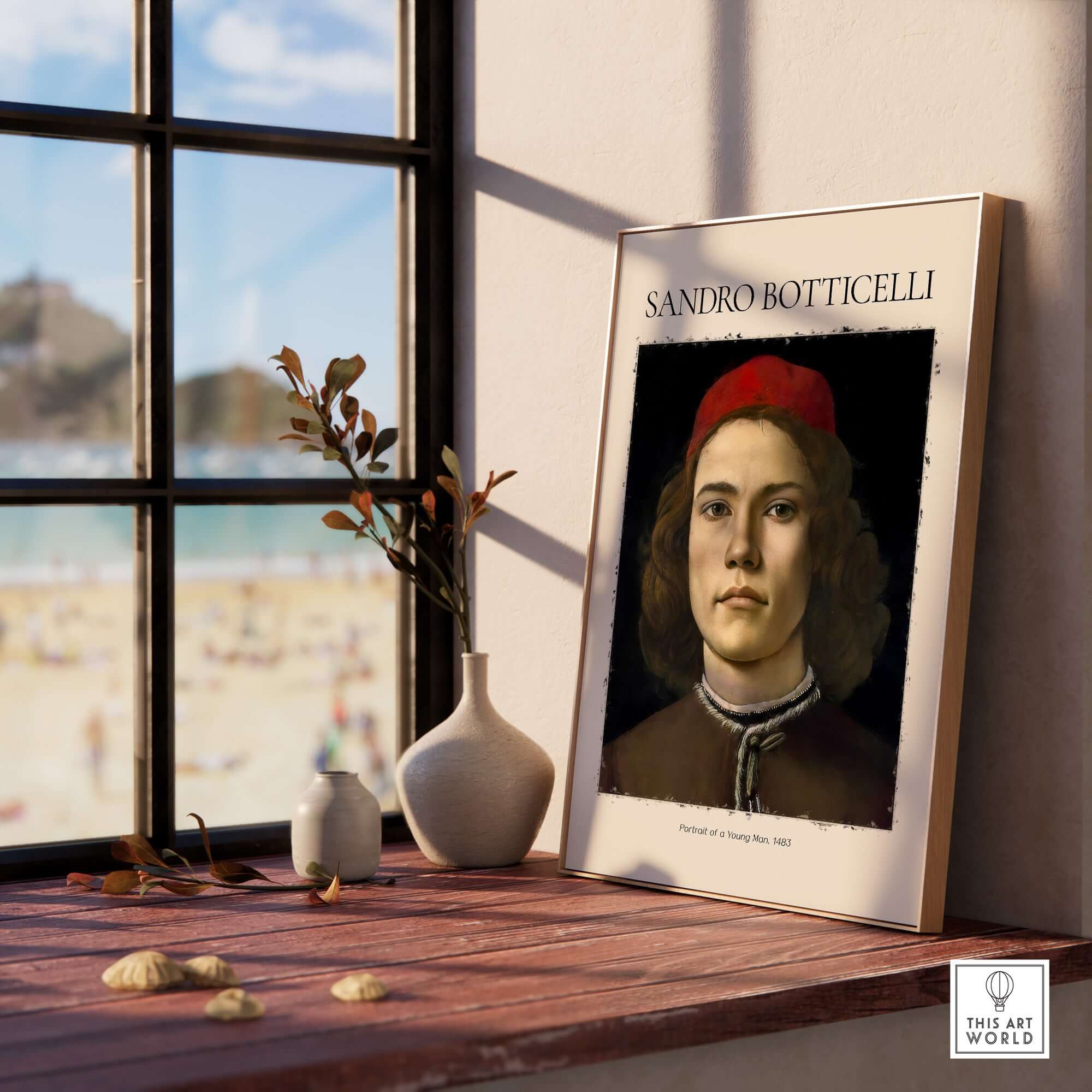 Botticelli Portrait Young Man Red Hat 1483 Art Print Renaissance Florentine Poster displayed on a table near a window.