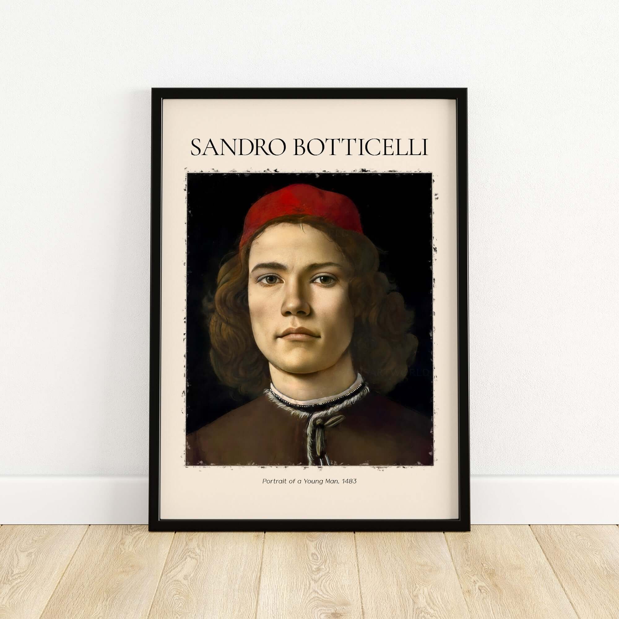 Botticelli Portrait Young Man Red Hat 1483 Art Print Renaissance Florentine Poster showcasing a youth in a red cap.