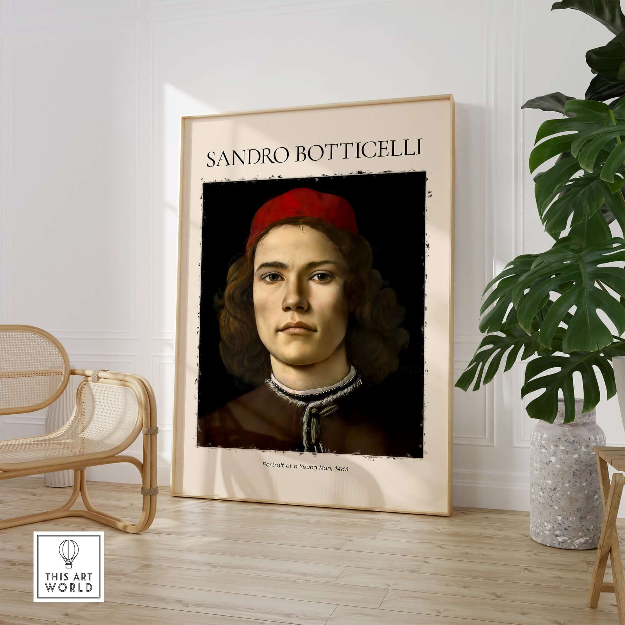 Botticelli Portrait Young Man Red Hat 1483 Art Print Renaissance Florentine Poster displayed in a stylish interior.
