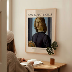 Botticelli Portrait of a Young Man Roundel 1480 Art Print Renaissance Florentine Poster displayed in a modern room.