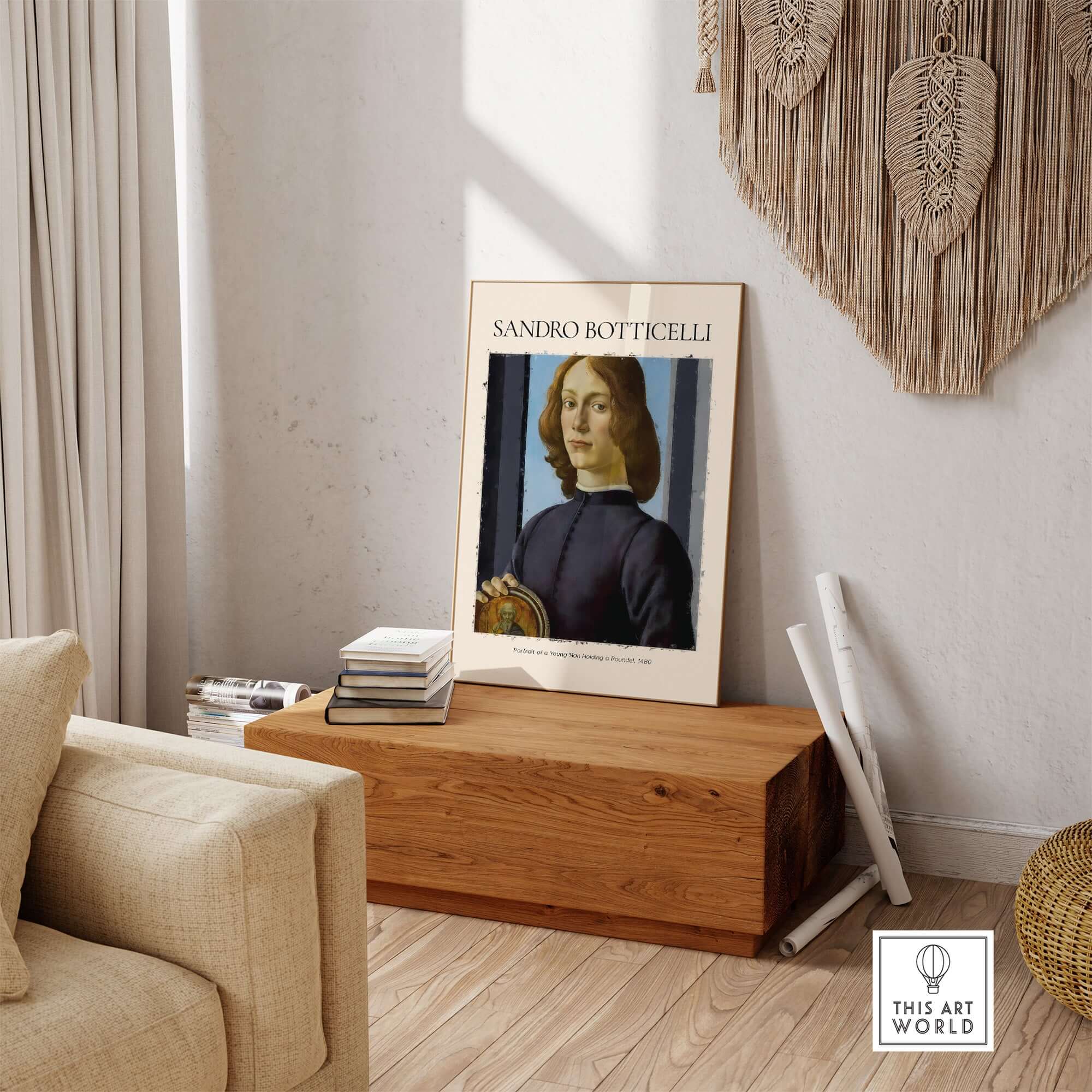 Botticelli Portrait of a Young Man Roundel 1480 Art Print Renaissance Florentine Poster displayed in a stylish interior setting.