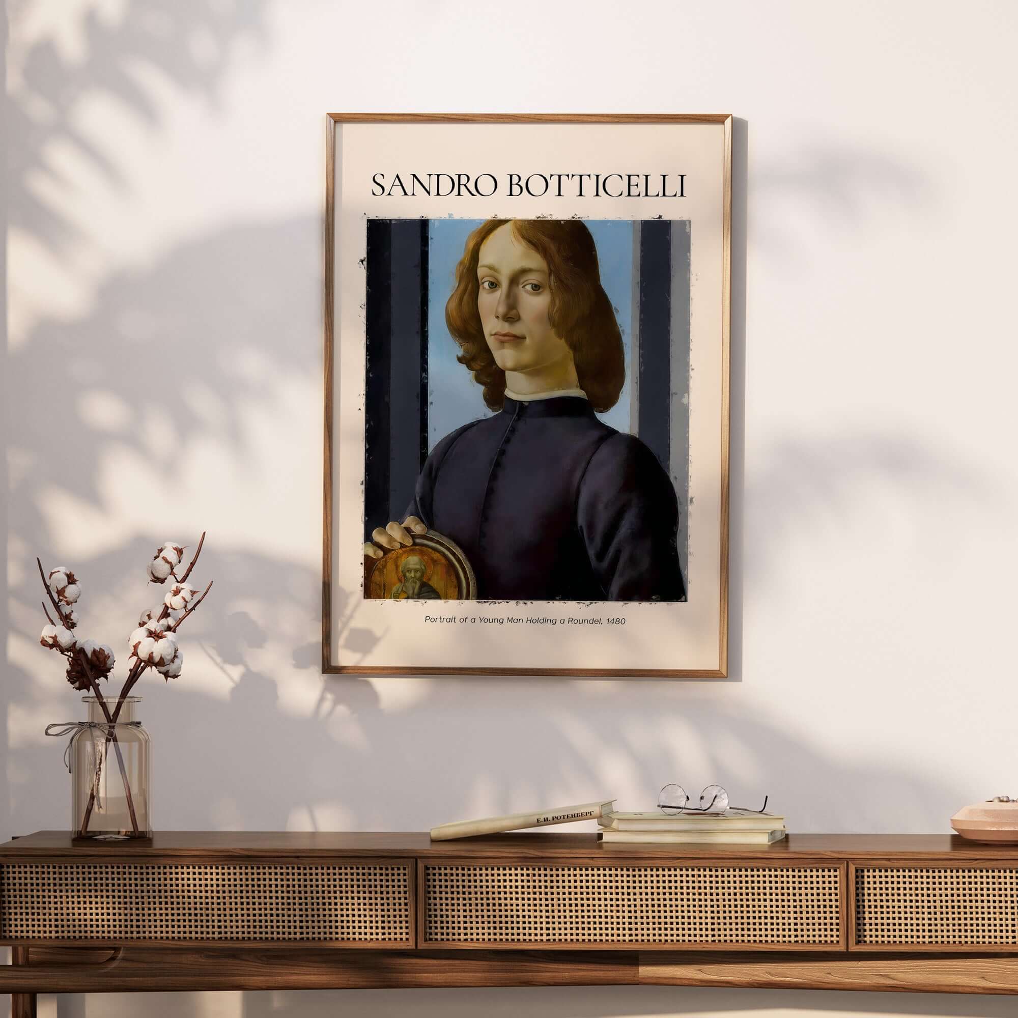 Botticelli Portrait of a Young Man Roundel 1480 Art Print Renaissance Florentine Poster displayed on a wall.