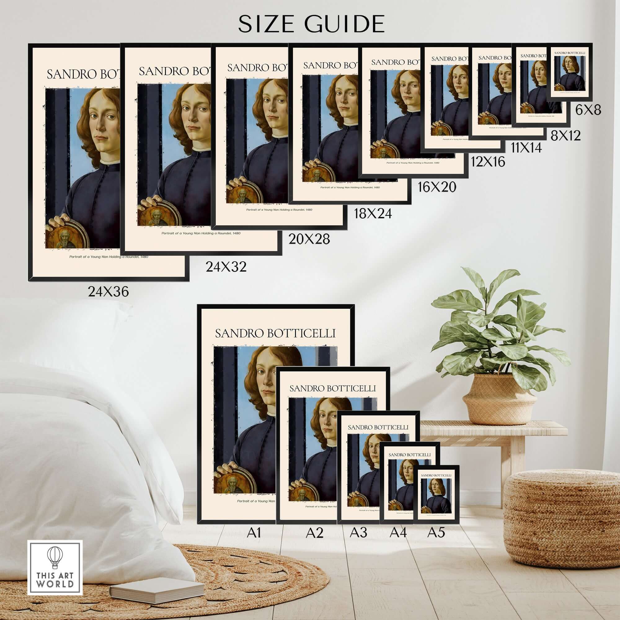 Botticelli Portrait of a Young Man Roundel 1480 Art Print Renaissance Florentine Poster size guide on display.