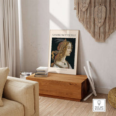 Botticelli Portrait of a Young Woman Simonetta Vespucci Art Print Renaissance Poster displayed in modern interior design.