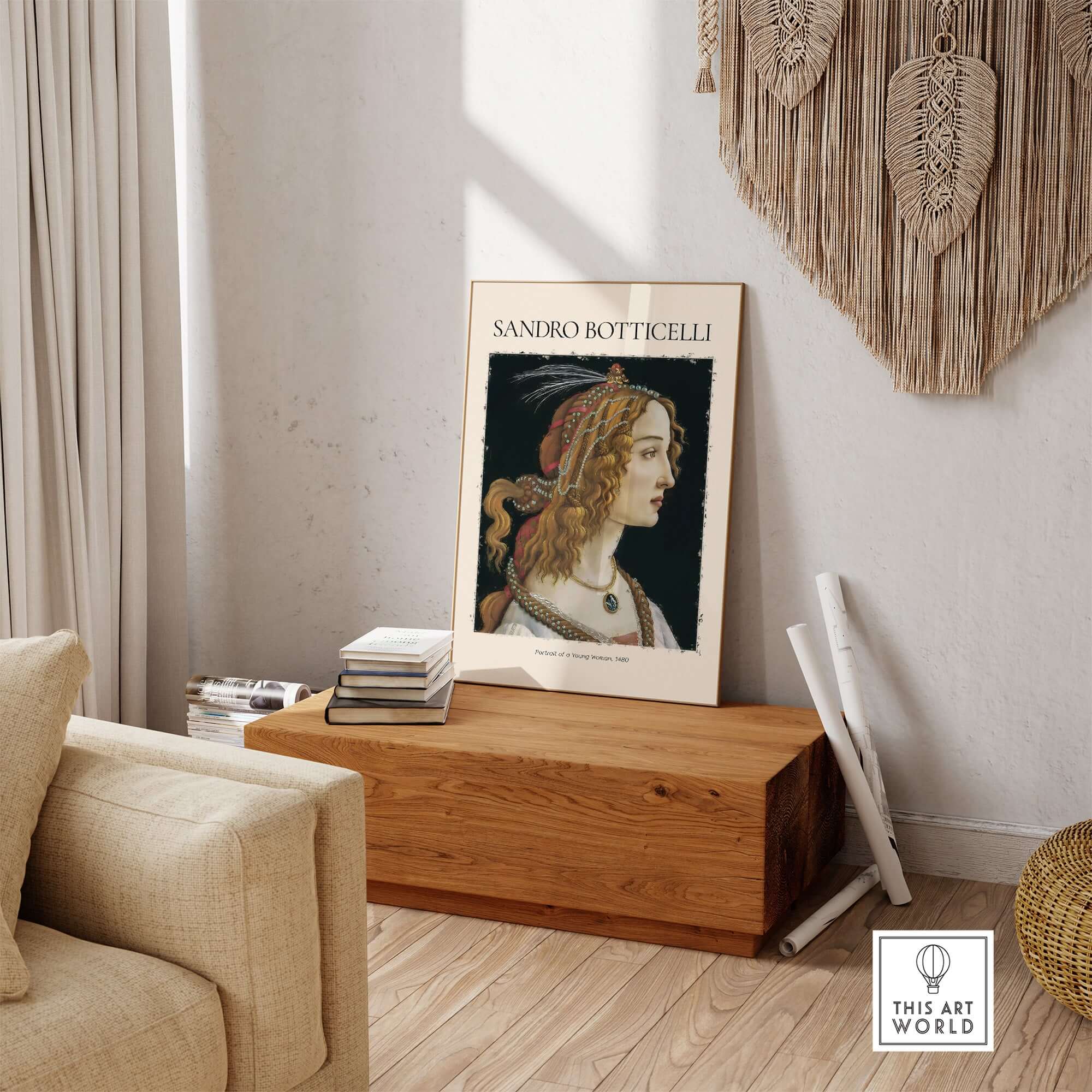 Botticelli Portrait of a Young Woman Simonetta Vespucci Art Print Renaissance Poster displayed in modern interior design.