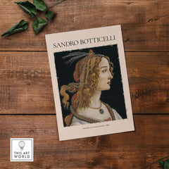 Botticelli Portrait of a Young Woman Simonetta Vespucci Art Print Renaissance Poster on wooden background.