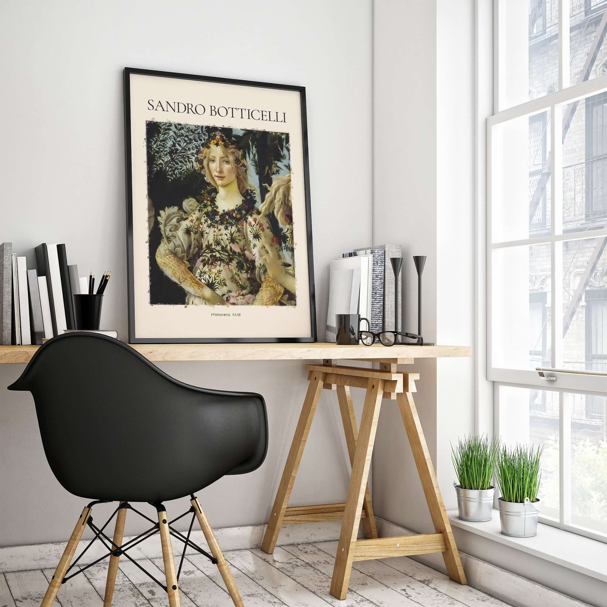 Botticelli Primavera Detail Flora Art Print Renaissance Allegory Spring Poster displayed in a stylish office setting.