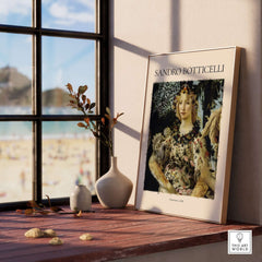 Botticelli Primavera Detail Flora Art Print Renaissance Allegory Spring Poster displayed on a wooden table by a sunny window.