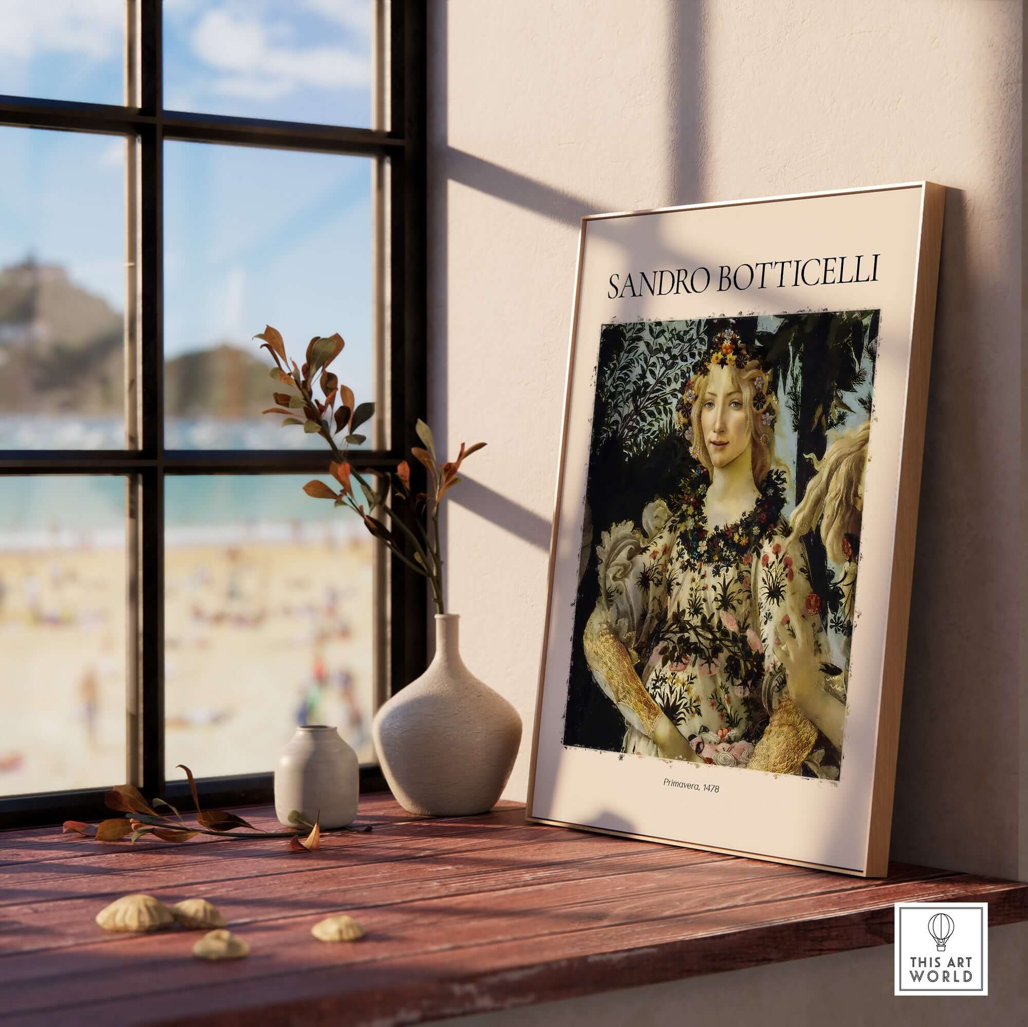Botticelli Primavera Detail Flora Art Print Renaissance Allegory Spring Poster displayed on a wooden table by a sunny window.