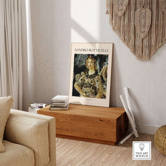 Botticelli Primavera Detail Flora Art Print Renaissance Allegory Spring Poster displayed on a wooden box in a stylish room.