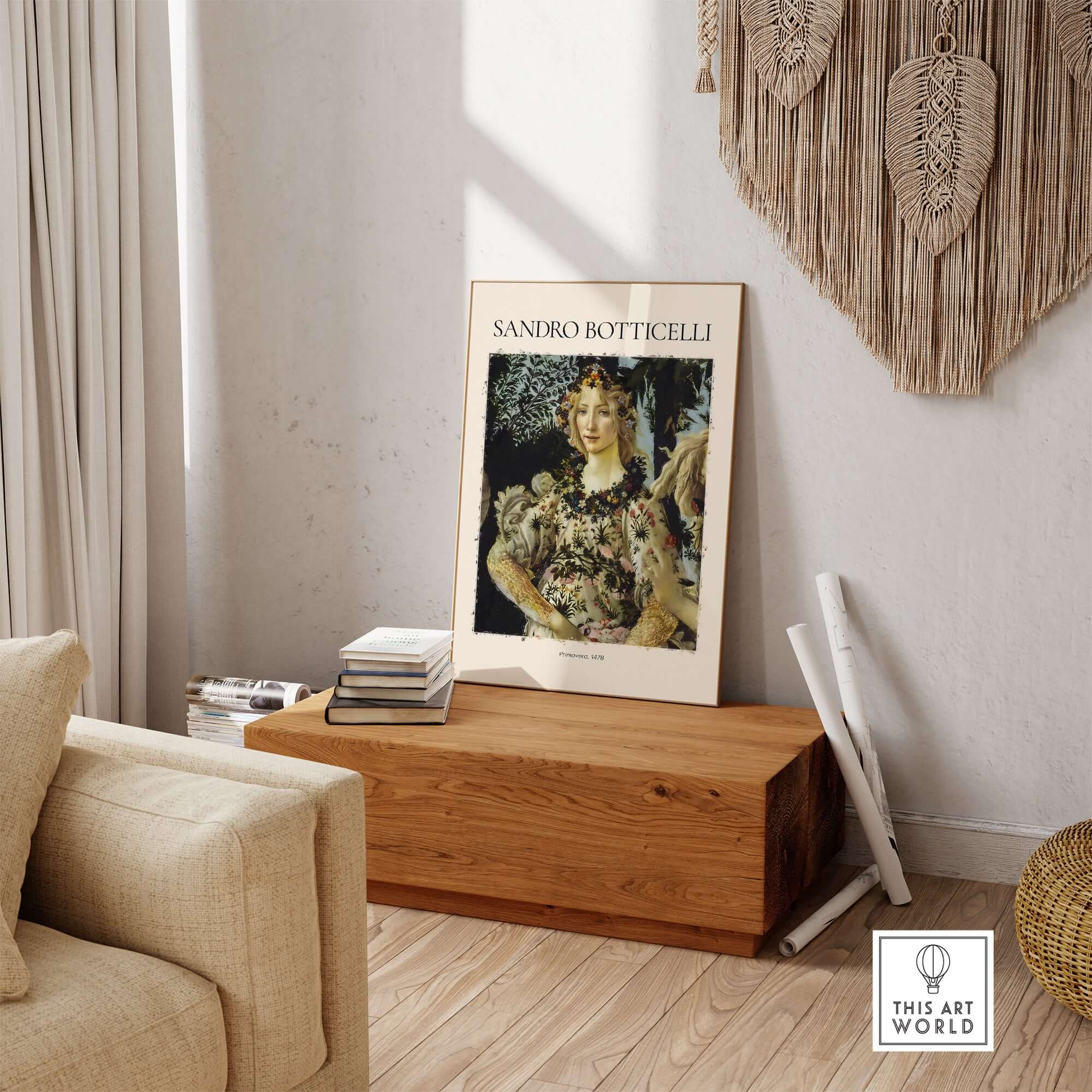 Botticelli Primavera Detail Flora Art Print Renaissance Allegory Spring Poster displayed on a wooden box in a stylish room.