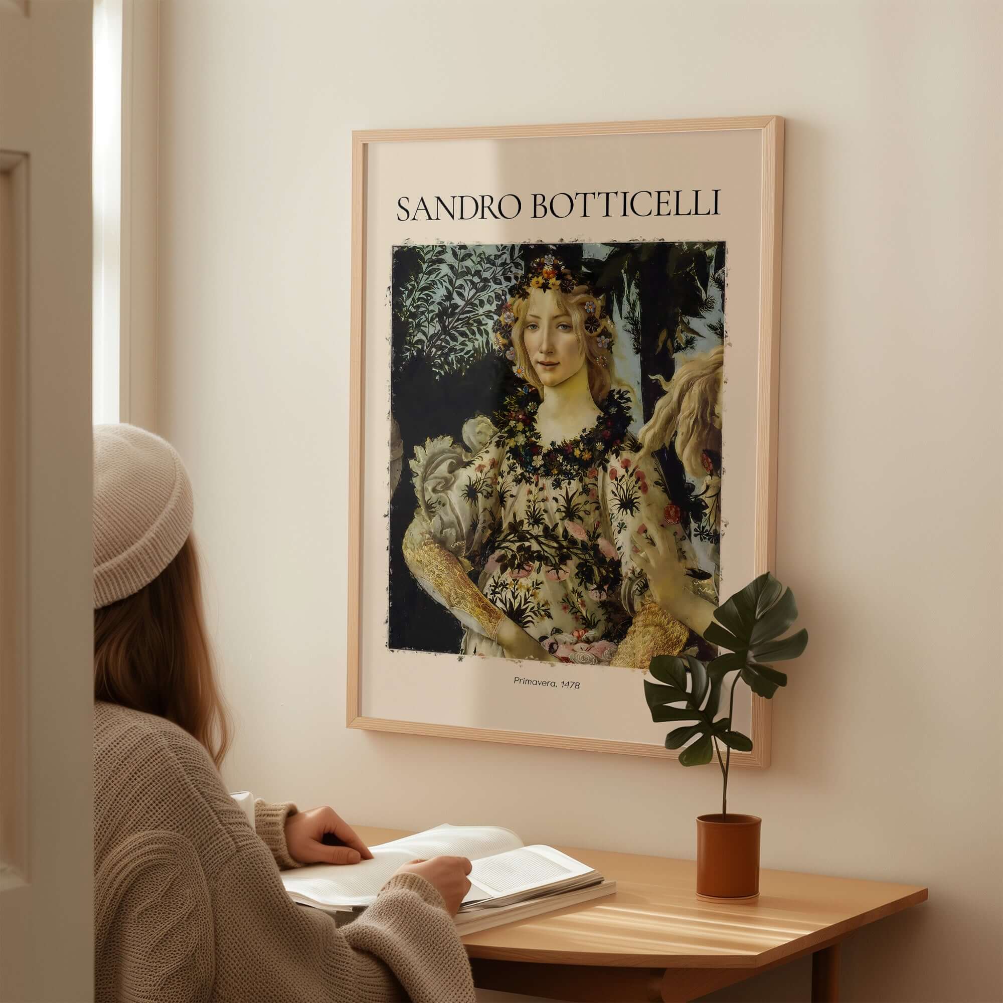Botticelli Primavera Detail Flora Art Print Renaissance Allegory Spring Poster displayed in a cozy room with a viewer.